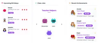 Dashboard widgets for birthdays, class jobs, and recent achievements