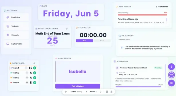 Classroom Screen with objectives, name picker, and timer