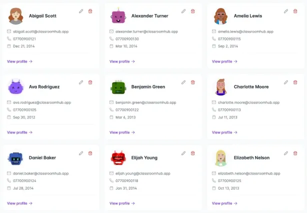 Student roster with custom avatars