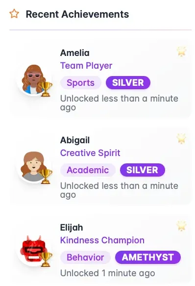 Recent achievements with categories and tiers