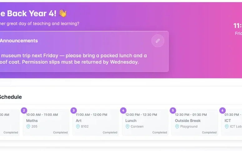 Class home with announcements and today's class timetable