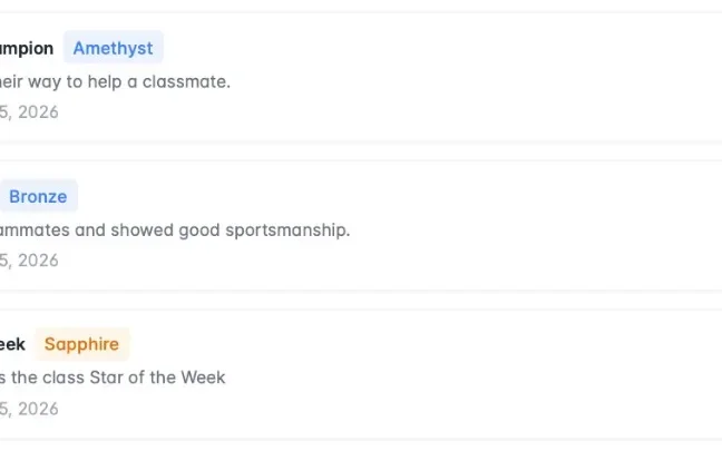 Student achievements list with tiers and times earned