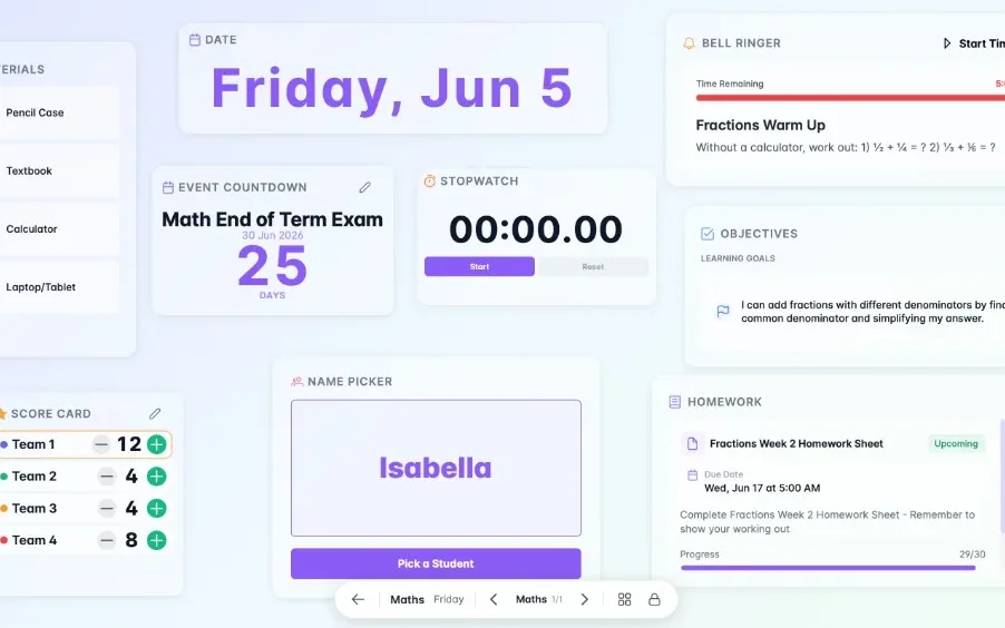 Full-screen Classroom Screen with lesson widgets and name picker