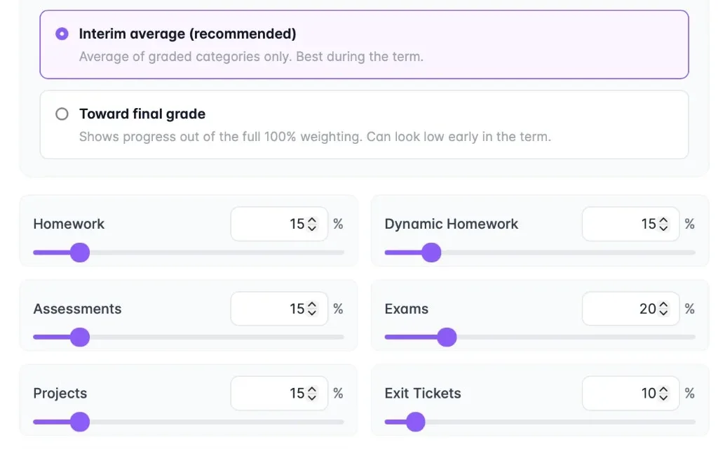 Weighted gradebook category sliders for homework, exams, exit tickets, and participation