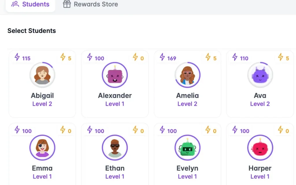 Select students to award class points with levels and progress rings