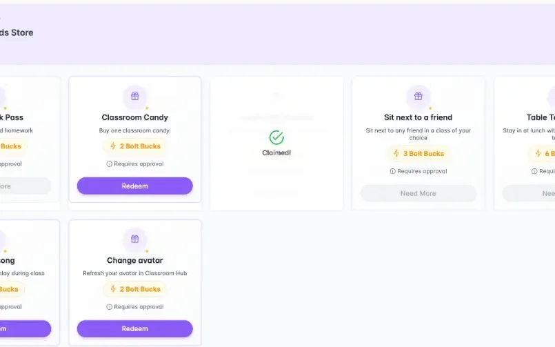 Student reward store with class point redemption options